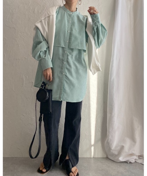 She's Closet(シーズクローゼット)の「バンドカラーボリュームスリーブ長袖ストライプ柄ケープシャツ(シャツ/ブラウス・レディース・ベージュ/ブラック/ブルー/グリーン・FREE)」の21枚目の写真