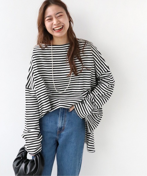 wiffle（ウィッフル）の「《WEB限定追加》別注【WIFFLE】*RELUME BIG BORDER TEE：ボーダーTシャツ◆（Tシャツ/カットソー・レディース・ブラック/グレー/グリーン/サックスブルー・FREE）」の2枚目の写真