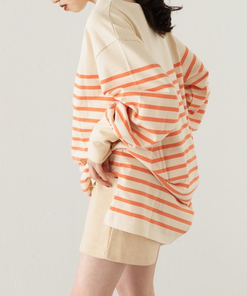 Kastane（カスタネ）の「バスクボーダーBIGプルオーバー（Tシャツ/カットソー・レディース・ブラック/オレンジ/グリーン/アイボリー・FREE）」の4枚目の写真