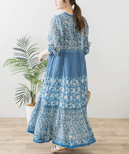 オリエンタルフラワーワンピース オリエンタルミドルフラワープリント スタンドワンピース