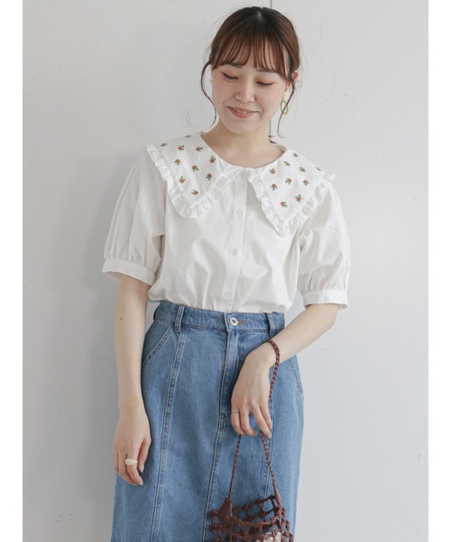 メゾピアノ　長袖　刺繍　シャツ　ブラウス　白　みみぽぽ　リリココ　女の子 ボウタイ付きハート柄フリルブラウス(S(140cm) ピンク