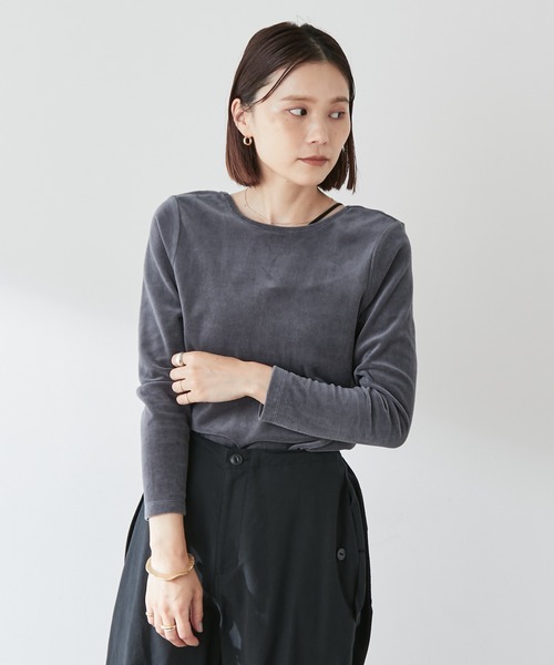 Omekashi（オメカシ）の「【earthy_】オーガニックコットンバックシャンベロアロンT（Tシャツ/カットソー・レディース・チャコールグレー/ベージュ/ブラック・FREE）」の4枚目の写真