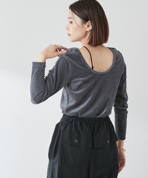 Omekashi（オメカシ）の「【earthy_】オーガニックコットンバックシャンベロアロンT（Tシャツ/カットソー・レディース・チャコールグレー/ベージュ/ブラック・FREE）」の8枚目の写真