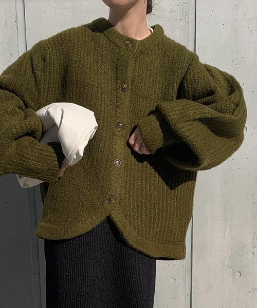 極美品✨OLLEBOREBLA ウール ニット 上着 カーディガン カーキ ボリュームスリーブニットカーディガン（カーディガン/ボレロ