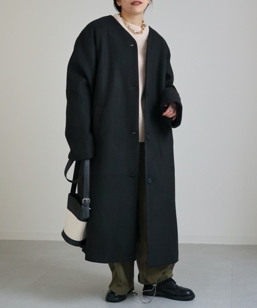 ap retro(アプレトロ)の「ノーカラーVネックロングコート(ノーカラーコート・レディース・アイボリー/ブラック/チャコールグレー・FREE)」の6枚目の写真