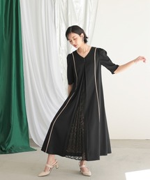 ［Callarus］フロントレースプリーツ切替Vネックデザインワンピースドレス