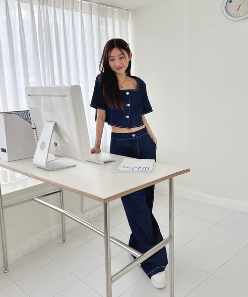 by muni:r（バイ ムニール）の「デニムジャケット+ワイドパンツセットアップ（ワンピース・レディース・ブルー/ブラック・FREE）」の19枚目の写真