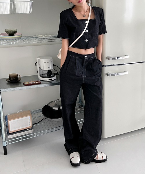 by muni:r（バイ ムニール）の「デニムジャケット+ワイドパンツセットアップ（ワンピース・レディース・ブルー/ブラック・FREE）」の9枚目の写真