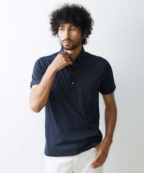 MICHEL KLEIN HOMME (ミッシェルクランオム)の「《日本製》オリジナルボタニカル柄ポロシャツ(Tシャツ/カットソー・メンズ・ブルー/カーキ/ホワイト/ダークグレー・MEDIUM/LARGE/X-LARGE)」の1枚目の写真