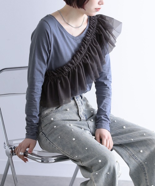 n'OrLABEL（ノアールレーベル）の「『シンプルVネックロンT』（Tシャツ/カットソー・レディース・グレイッシュベージュ/ブルーグリーン/ブラック/グレイッシュブルー/ホワイト/ラベンダー/モカ/ダークグレー・M/L/LL）」の7枚目の写真