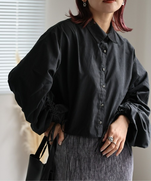 ap retro(アプレトロ)の「長袖シャーリングシャツ(シャツ/ブラウス・レディース・ブルー/ベージュ系その他/グレイッシュベージュ/ブラック・FREE)」の1枚目の写真