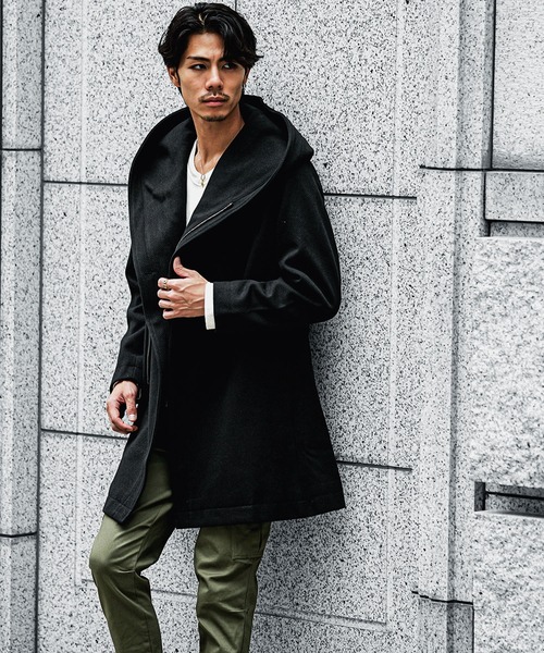 セール】ボリュームネックコート メンズ ロング丈 コート フード付き