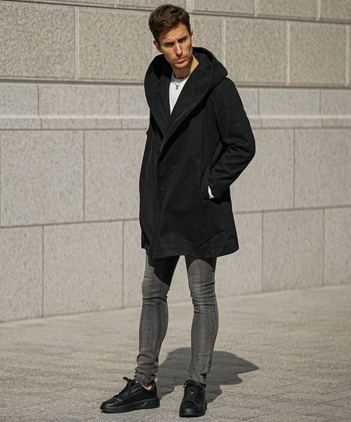 ボリュームネックコート メンズ ロング丈 コート フード付き コート 秋