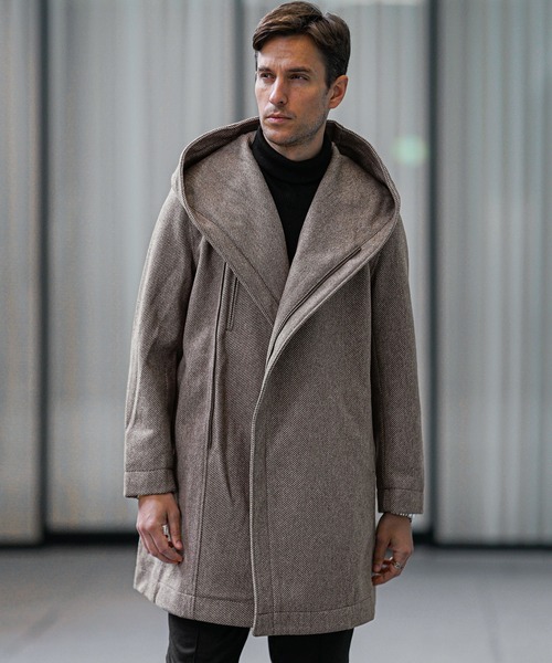 ボリュームネックコート メンズ ロング丈 コート フード付き コート 秋