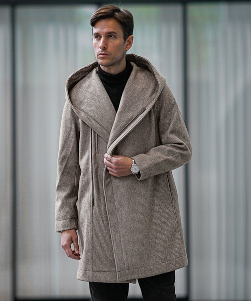 セール】ボリュームネックコート メンズ ロング丈 コート フード付き