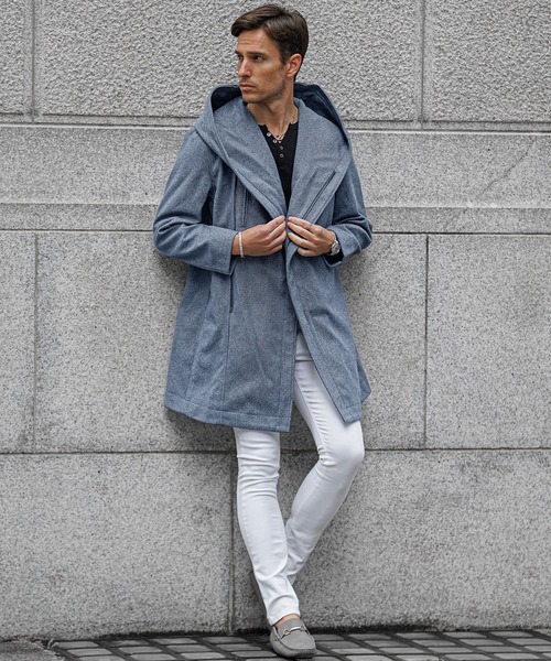 ボリュームネックコート メンズ ロング丈 コート フード付き コート 春