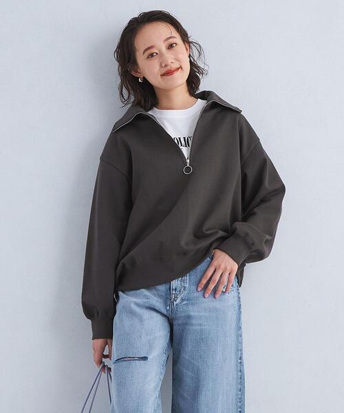 green label relaxing(グリーンレーベルリラクシング)の「裏毛 ハーフジップ プルオーバー スウェット(スウェット・レディース・モカ/オフホワイト/グレー・FREE)」の3枚目の写真