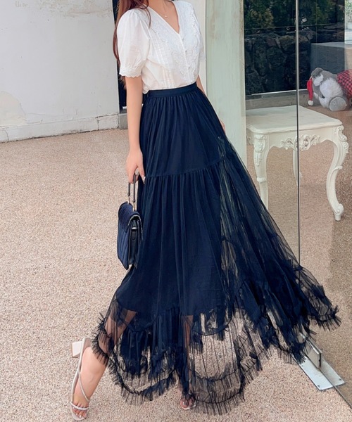 【ふうわり】新品　中丈 裾シルバー巻ロック　チュールスカート 青 ｄ83 セール】すそフリフリボリュームチュールスカート（スカート）｜deux