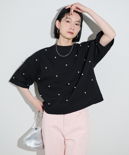 Shelly island(シェリーアイランド)の「パールTシャツ(Tシャツ/カットソー・レディース・ベビーピンク/ブラック・FREE)」の3枚目の写真