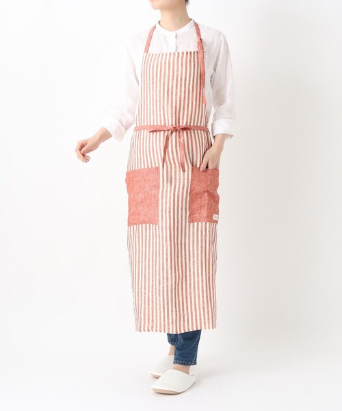 【セール】リネンストライプ フルエプロン ホルターネック WH×RE ＜212Kオリジナル ＞（エプロン）｜212 KITCHEN STORE（トゥワントゥキッチンストア）