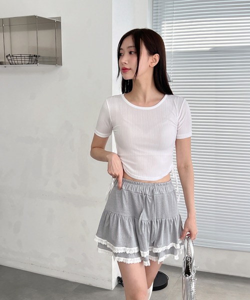 by muni:r(バイ ムニール)の「サイドラインクロップド半袖Tシャツ(Tシャツ/カットソー・レディース・ブラック/ブルー/ホワイト/ピンク・FREE)」の8枚目の写真
