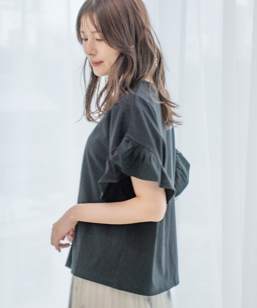 Jayro(ジャイロ)の「コットンフリル袖Tシャツ(Tシャツ/カットソー・レディース・ブラック/ホワイト/オフホワイト/ブラック系その他2・M)」の7枚目の写真