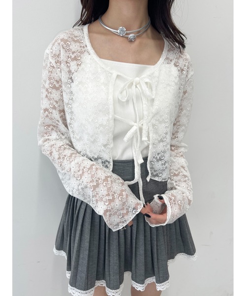 PHILLY（フィリー）の「【PHILLY】リボンレースカーディガン（Tシャツ/カットソー・レディース・ブラック/ホワイト・FREE）」の2枚目の写真