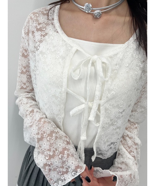 PHILLY（フィリー）の「【PHILLY】リボンレースカーディガン（Tシャツ/カットソー・レディース・ブラック/ホワイト・FREE）」の8枚目の写真