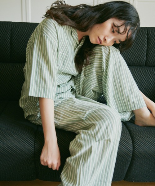 Camphor wood（カンファーウッド）の「stripe relax pajamas shirts / ストライプパジャマシャツ（シャツ/ブラウス・メンズ・グリーン/アイボリー・SMALL/MEDIUM/LARGE）」の3枚目の写真