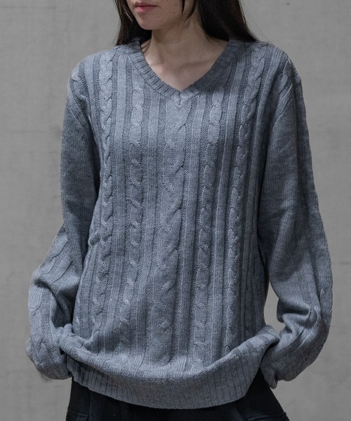 ケーブル編みVネックセーター セール】【40I】ケーブル編み Vネック リラックスニット（ニット