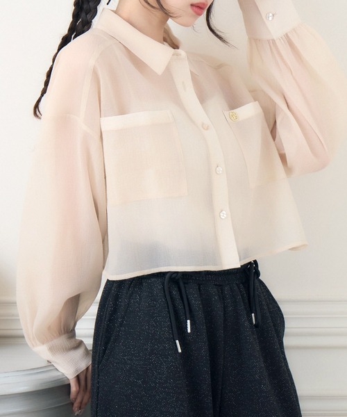 ems excite（エムズエキサイト）の「ロゴプレート付シアーSH（シャツ/ブラウス・レディース・ナチュラル/ブラック/ライトベージュ・FREE）」の3枚目の写真