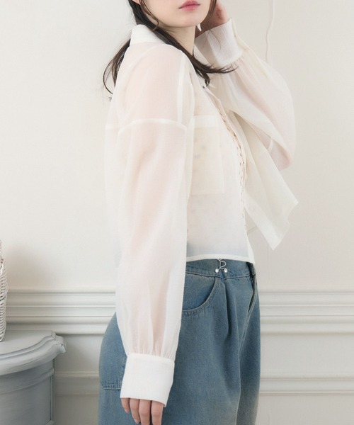 ems excite（エムズエキサイト）の「ロゴプレート付シアーSH（シャツ/ブラウス・レディース・ナチュラル/ブラック/ライトベージュ・FREE）」の11枚目の写真