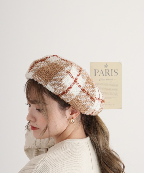 【Christian Dior】希少80s~チェック柄ウールベレー帽　ベージュ系 ブラウン系／赤ライン入りチェック柄ベレー帽 – SUNHOSEKI