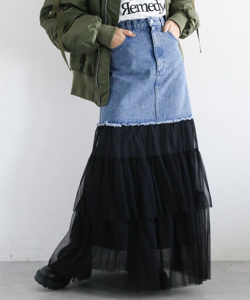 RAGEBLUE（レイジブルー）の「フリルチュールドッキングデニムスカート（デニムスカート・レディース・ブルー/ブラック・FREE）」の12枚目の写真