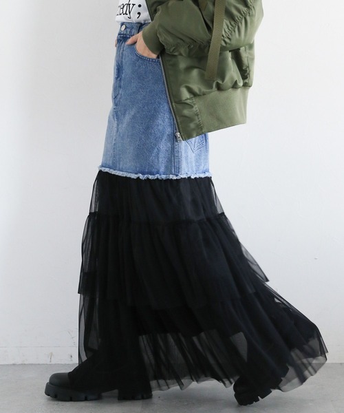 RAGEBLUE（レイジブルー）の「フリルチュールドッキングデニムスカート（デニムスカート・レディース・ブルー/ブラック・FREE）」の13枚目の写真