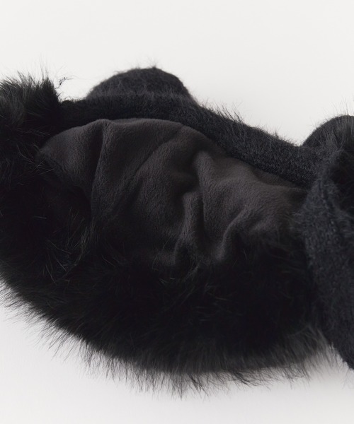 ブラック ファー付きニット帽 ニット帽 レディース ファー かわいい 秋冬 帽子 ニットキャップ