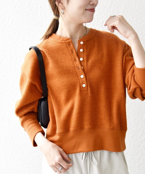 SHIPS any:〈手洗い可能〉起毛 ワッフル ヘンリーネック コンパクト