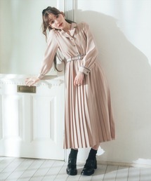 バイカラープリーツシャツワンピース