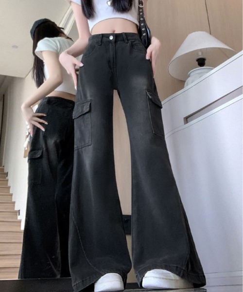 カジュアル ドロスト デニム パンツ 韓国 ルーズ 春 秋 cr8384 セール】ルーズワイド デニム カーゴパンツ（デニムパンツ