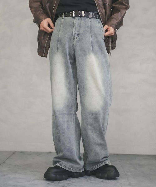 Shoowtime(ショウタイム)の「Vintage wash back hem fringe straight denim pants / ビンテージウォッシュバック裾フリンジストレートデニムパンツ(デニムパンツ・メンズ・ライトブルー・X-LARGE/LARGE/MEDIUM)」の1枚目の写真