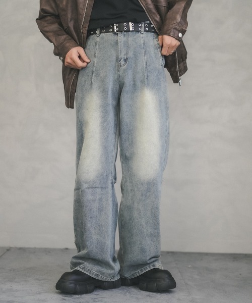 Shoowtime(ショウタイム)の「Vintage wash back hem fringe straight denim pants / ビンテージウォッシュバック裾フリンジストレートデニムパンツ(デニムパンツ・メンズ・ライトブルー・X-LARGE/LARGE/MEDIUM)」の8枚目の写真