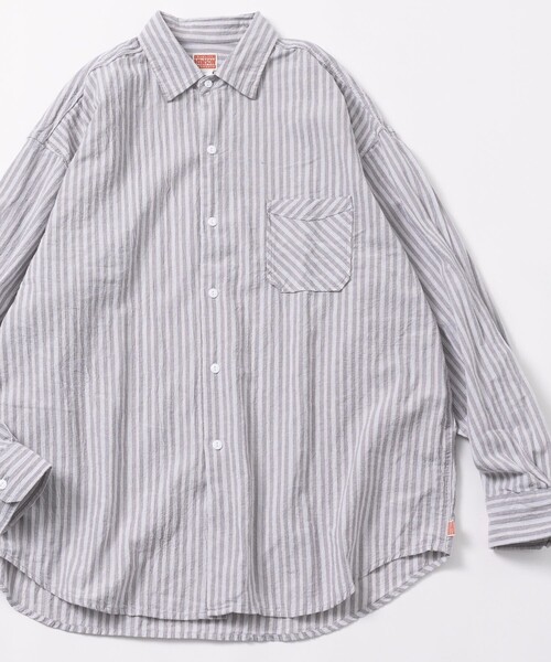 HINSON（ヒンソン）の「HINSON/ヒンソン レギュラーカラー ロングスリーブストライプシャツ/シワ加工/リラックスフィット（シャツ/ブラウス・メンズ・サックスブルー/オフホワイト/グレー・MEDIUM/LARGE）」の5枚目の写真