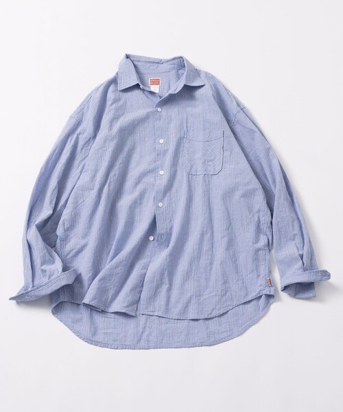 HINSON（ヒンソン）の「HINSON/ヒンソン レギュラーカラー ロングスリーブストライプシャツ/シワ加工/リラックスフィット（シャツ/ブラウス・メンズ・サックスブルー/オフホワイト/グレー・MEDIUM/LARGE）」の18枚目の写真