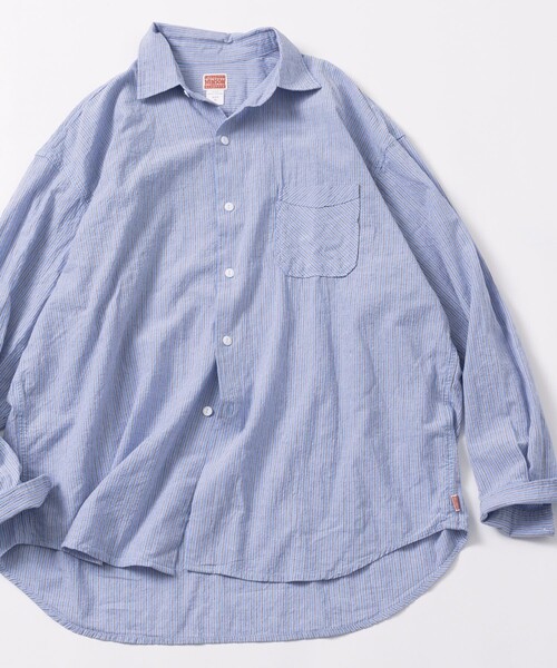 HINSON（ヒンソン）の「HINSON/ヒンソン レギュラーカラー ロングスリーブストライプシャツ/シワ加工/リラックスフィット（シャツ/ブラウス・メンズ・サックスブルー/オフホワイト/グレー・MEDIUM/LARGE）」の19枚目の写真