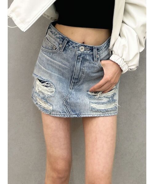 GYDA ハイウエストGDembossダメージスカートライクデニムショートパンツ セール】ハイウエストGD embossダメージスカートライクデニム