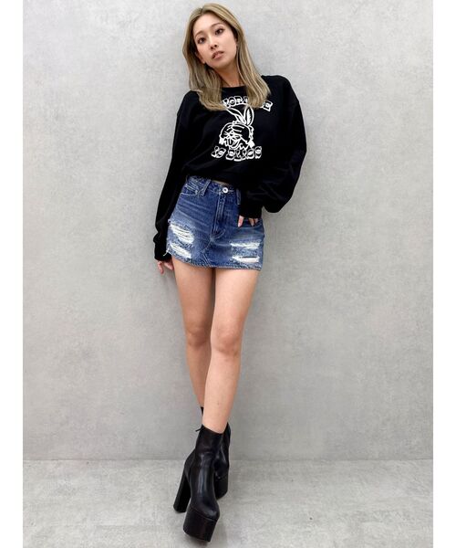GYDA ハイウエストGDembossダメージスカートライクデニムショートパンツ セール】ハイウエストGD embossダメージスカートライクデニム