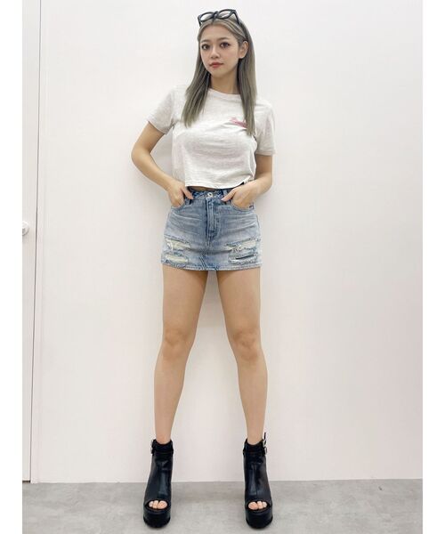 GYDA ハイウエストGDembossダメージスカートライクデニムショートパンツ GYDA デニムスカート ハイウエストダメージスカートライクデニム