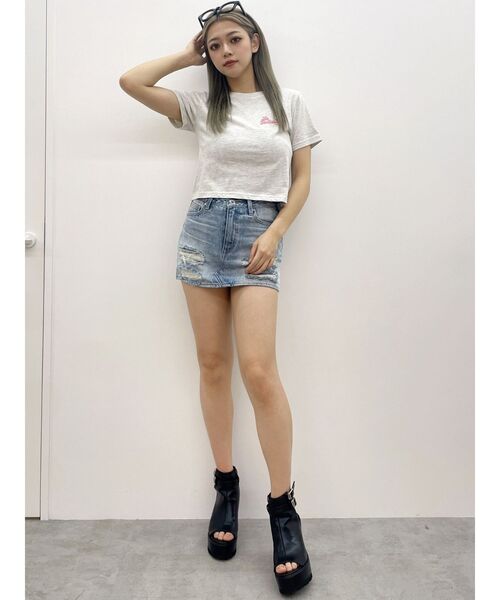 GYDA ハイウエストGDembossダメージスカートライクデニムショートパンツ セール】ハイウエストGD embossダメージスカートライクデニム