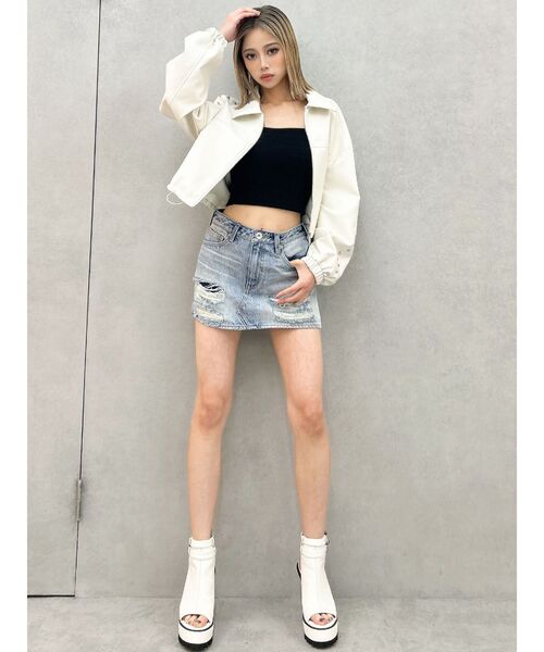 GYDA ハイウエストGDembossダメージスカートライクデニムショートパンツ セール】ハイウエストGD embossダメージスカートライクデニム