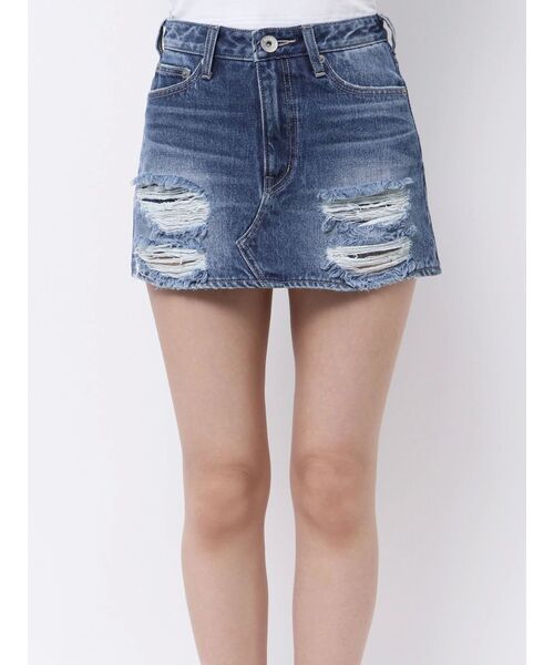 GYDA ハイウエストGDembossダメージスカートライクデニムショートパンツ セール】ハイウエストGD embossダメージスカートライクデニム